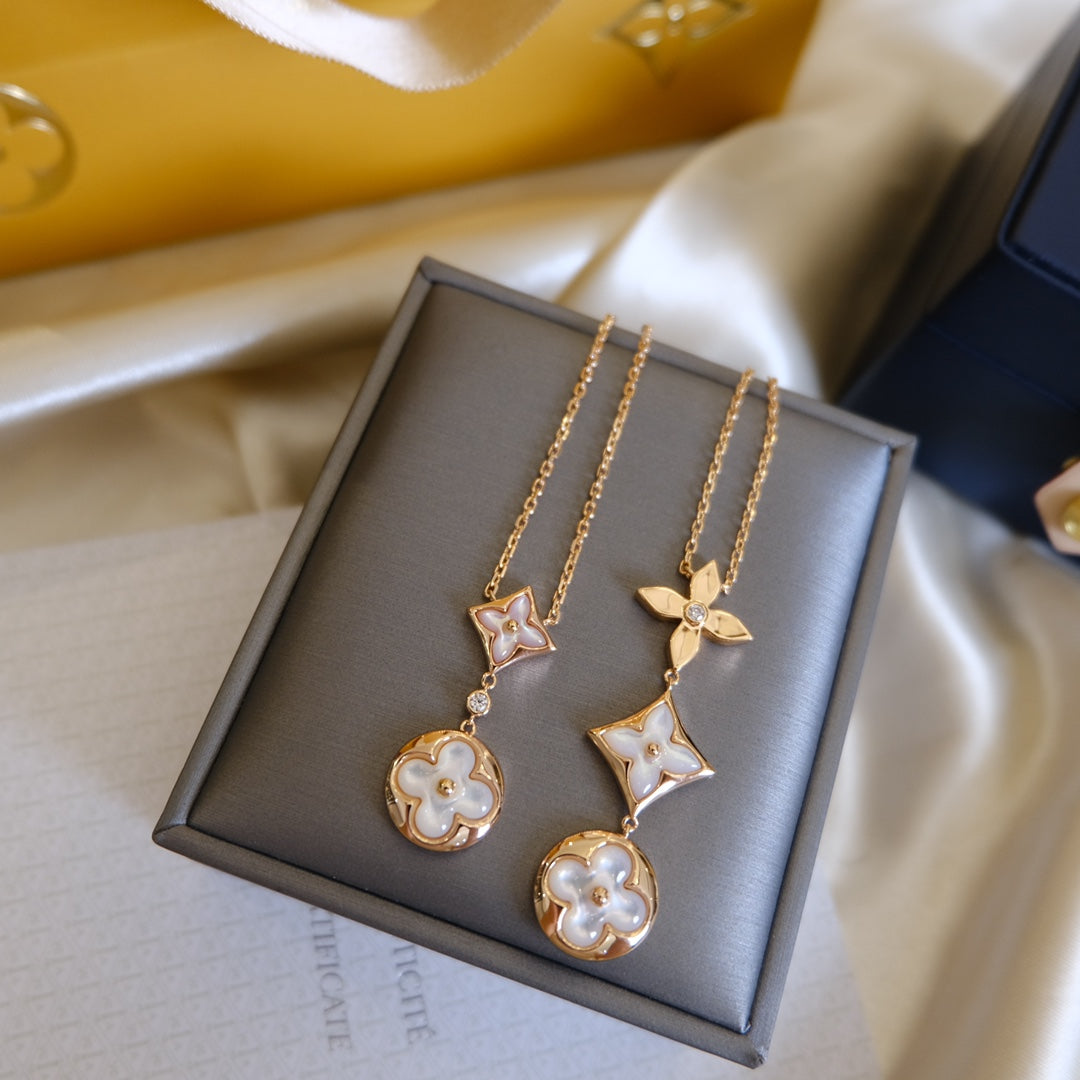 [Am jewelry]COLOR BLOSSOM LARIAT NECKLACE PINK GOLD WHITE MOTHER PEARL AND DIAMOND
