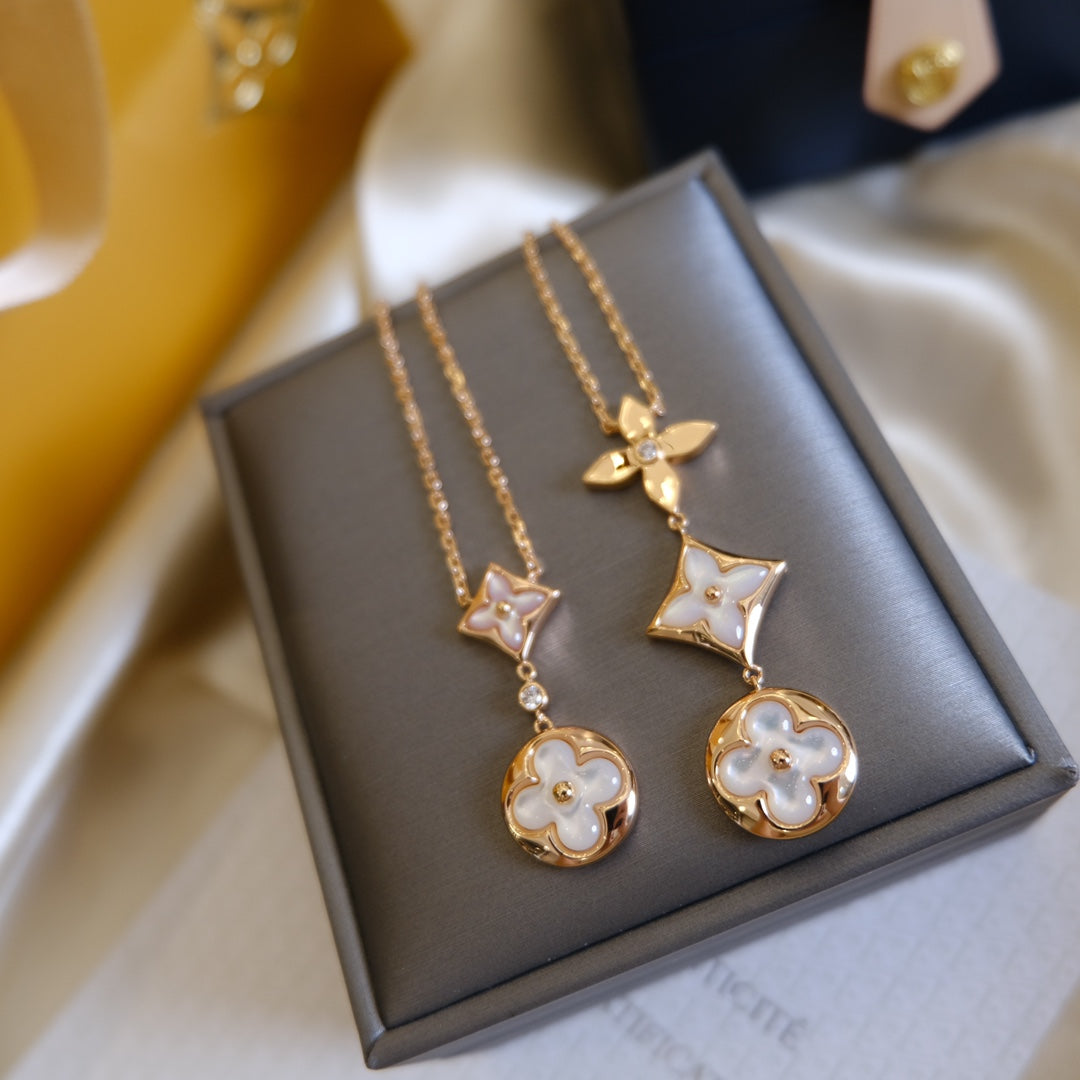[Am jewelry]COLOR BLOSSOM LARIAT NECKLACE PINK GOLD WHITE MOTHER PEARL AND DIAMOND