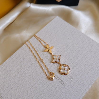 [Am jewelry]COLOR BLOSSOM LARIAT NECKLACE PINK GOLD WHITE MOTHER PEARL AND DIAMOND
