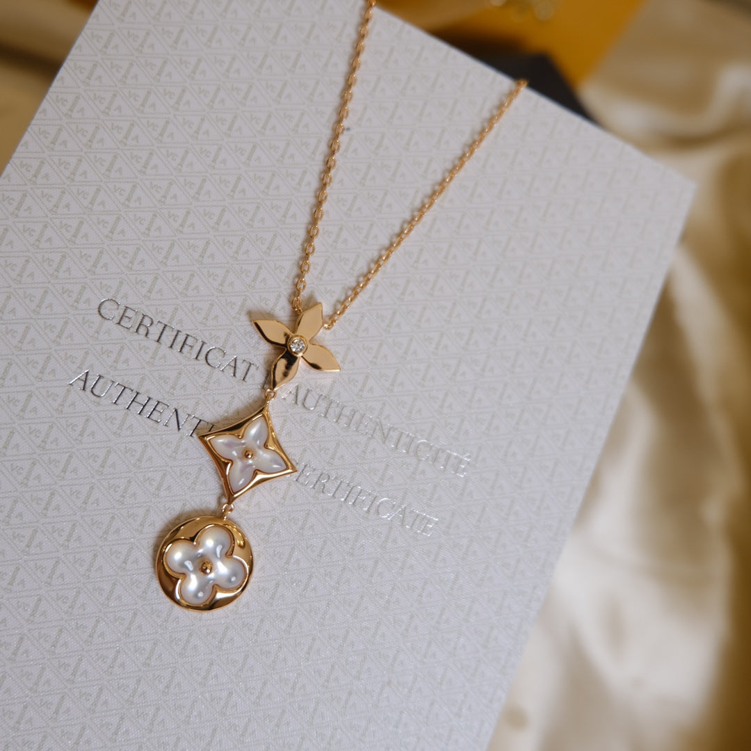 [Am jewelry]COLOR BLOSSOM LARIAT NECKLACE PINK GOLD WHITE MOTHER PEARL AND DIAMOND