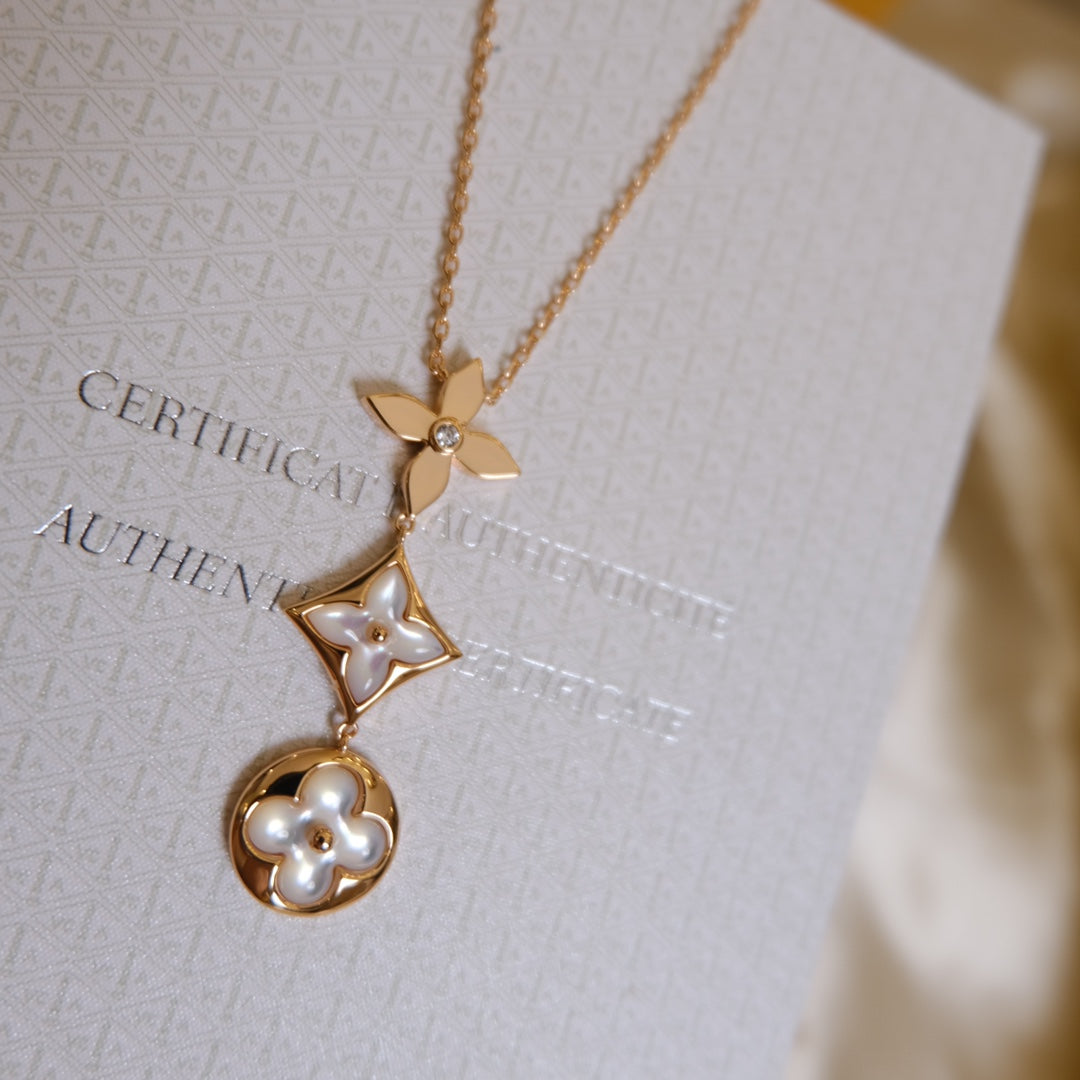 [Am jewelry]COLOR BLOSSOM LARIAT NECKLACE PINK GOLD WHITE MOTHER PEARL AND DIAMOND