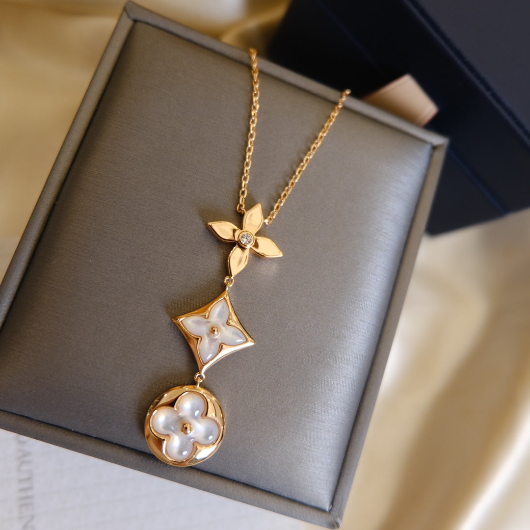 [Am jewelry]COLOR BLOSSOM LARIAT NECKLACE PINK GOLD WHITE MOTHER PEARL AND DIAMOND