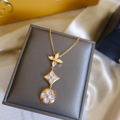 [Am jewelry]COLOR BLOSSOM LARIAT NECKLACE PINK GOLD WHITE MOTHER PEARL AND DIAMOND