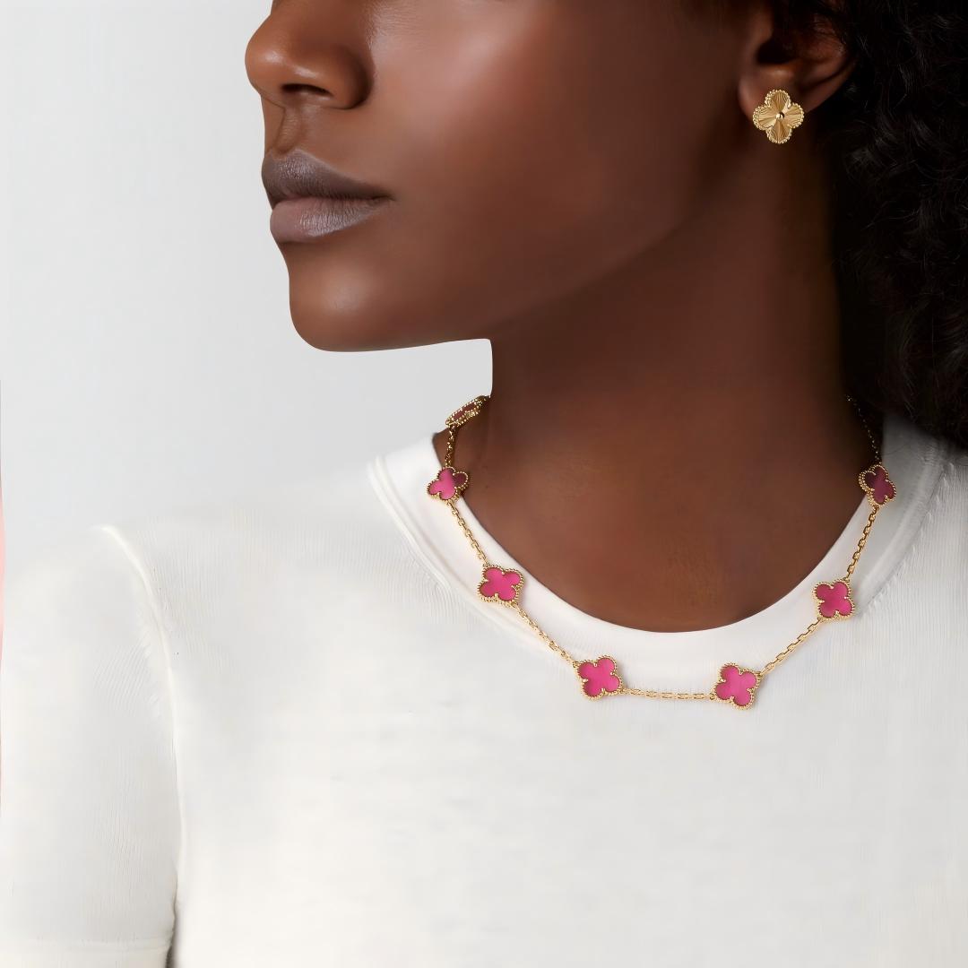 [AM Jewels]NEW CLOVER 10 MOTIFS PINK ENAMEL NECKLACE