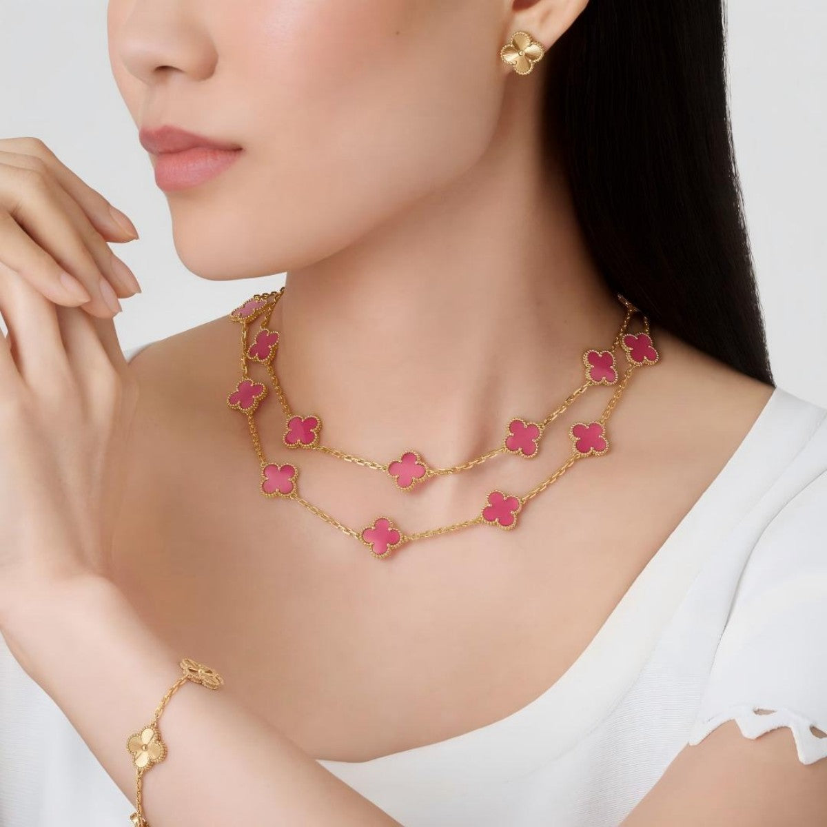 [AM Jewels] NEW CLOVER 20 MOTIFS PINK ENAMEL NECKLACE
