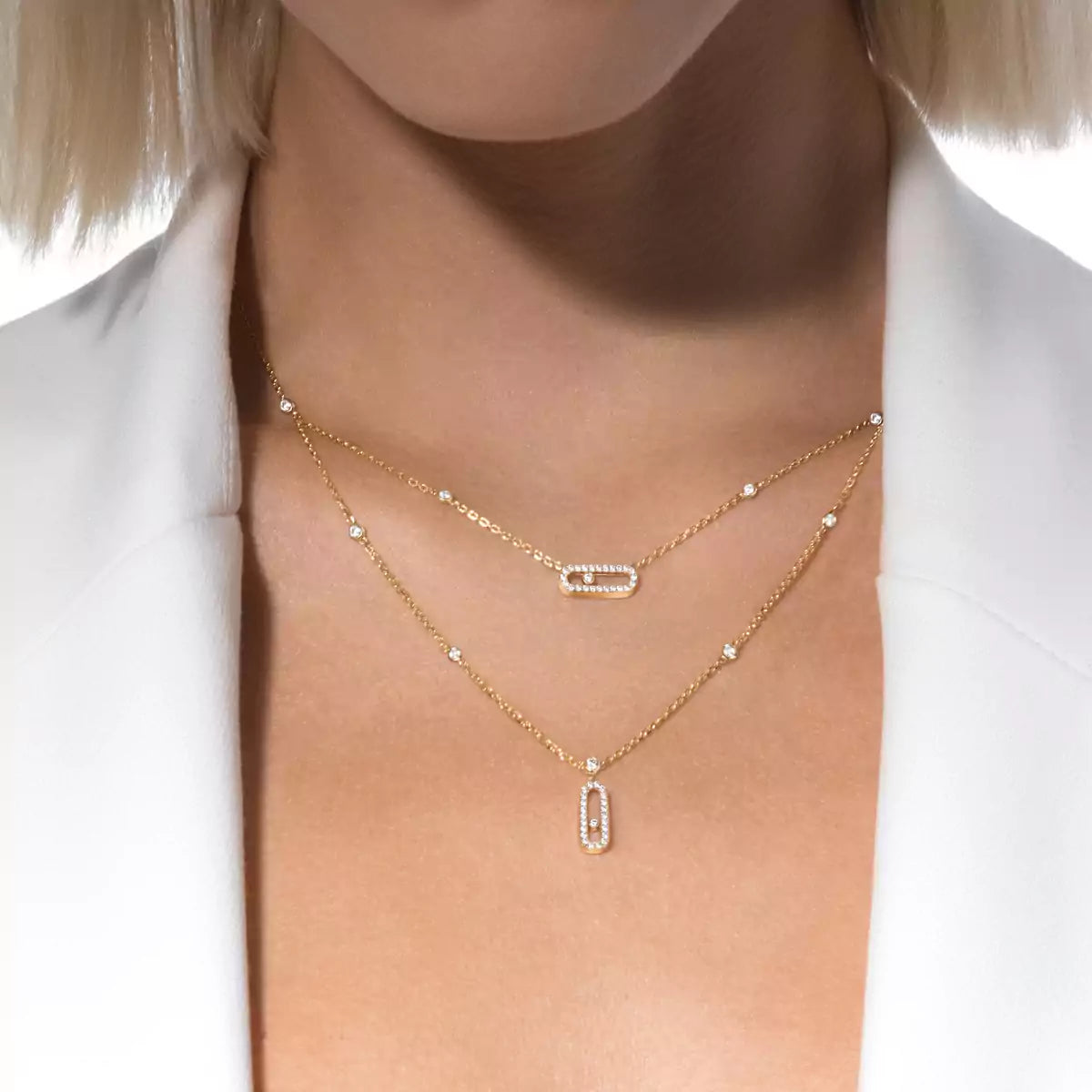 [Am Jewelry]2 Rows Rose Gold Diamond Pave_ Necklace Move Uno