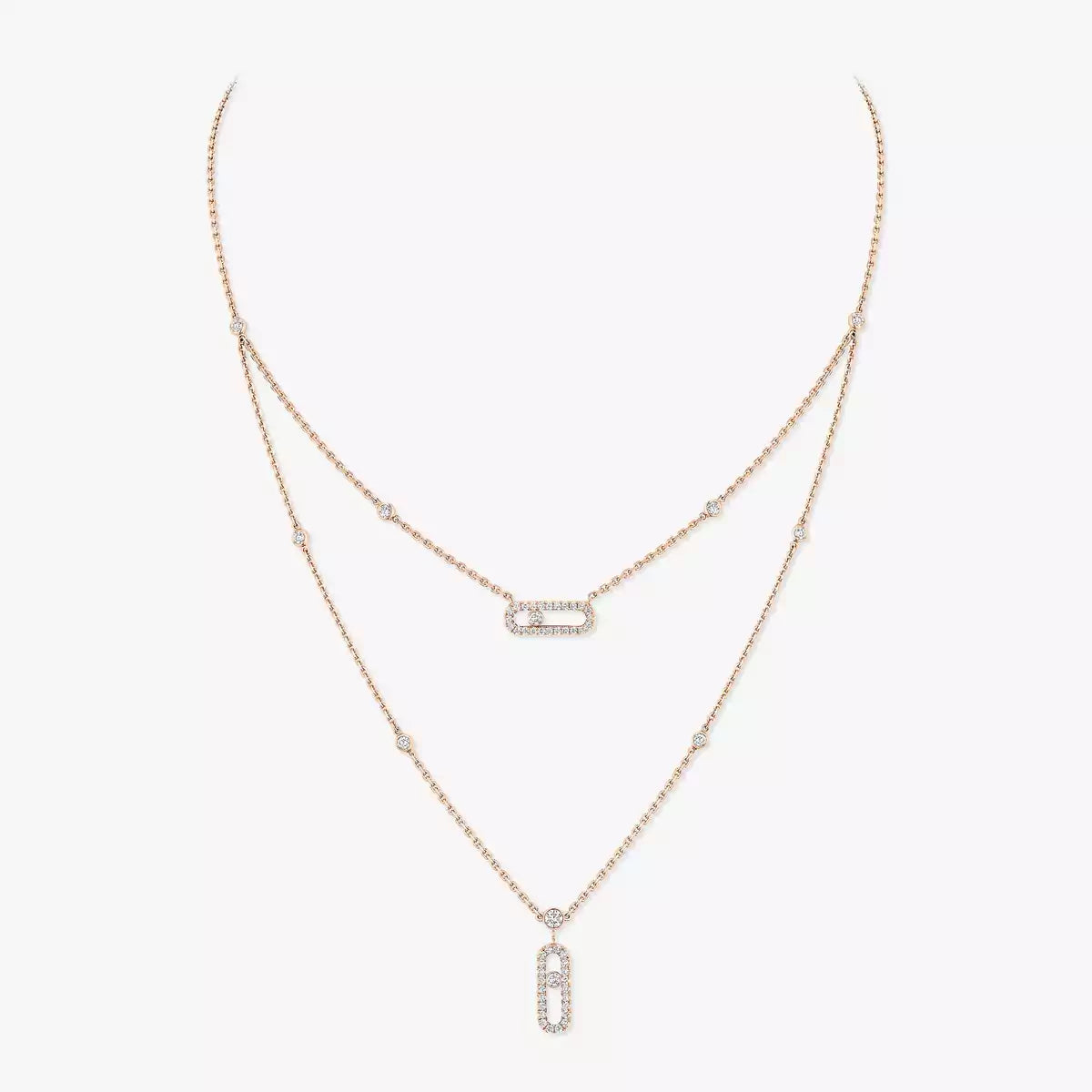 [Am Jewelry]2 Rows Rose Gold Diamond Pave_ Necklace Move Uno