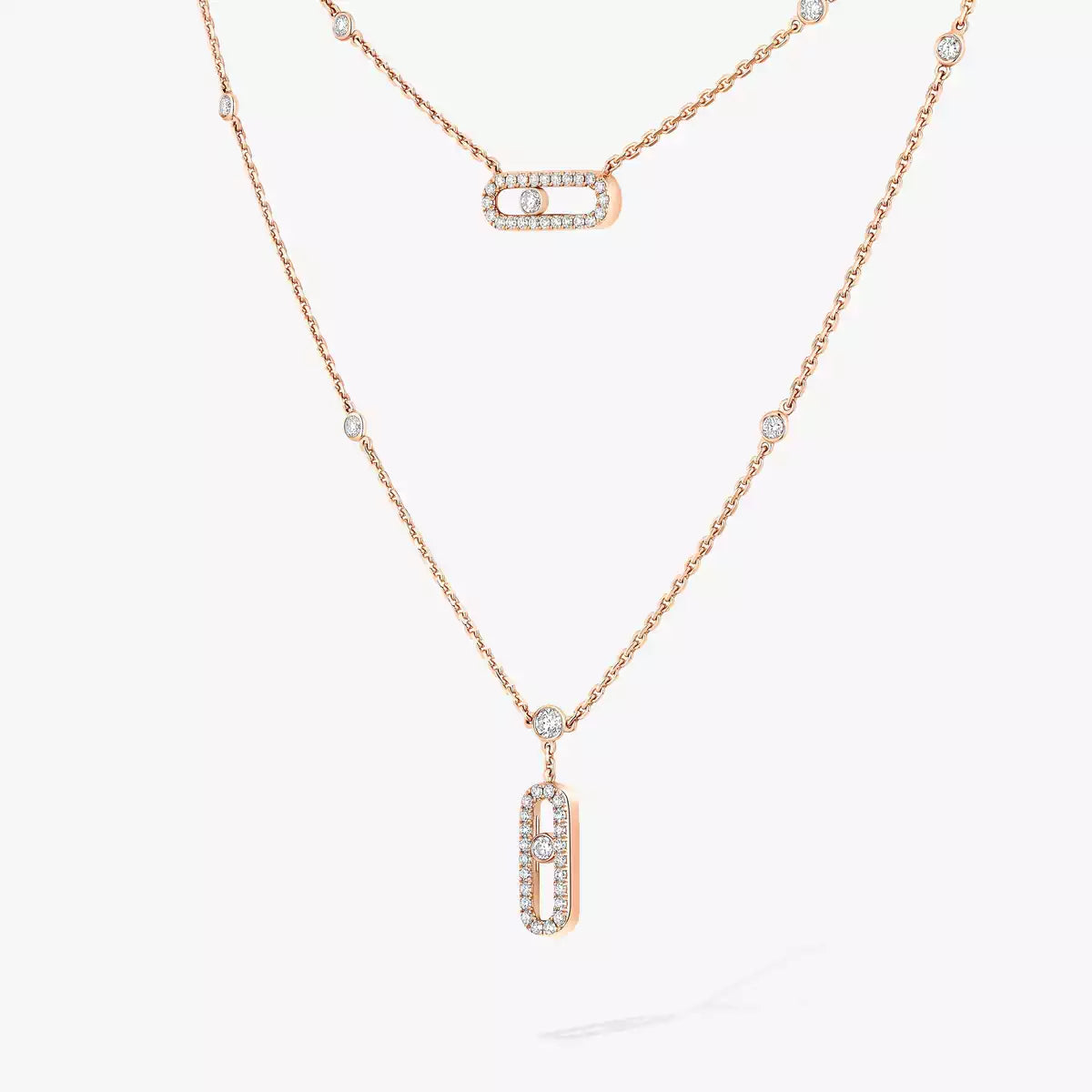 [Am Jewelry]2 Rows Rose Gold Diamond Pave_ Necklace Move Uno