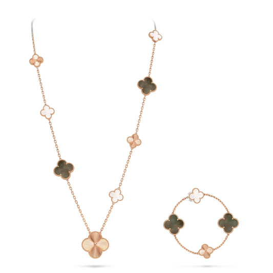 [Am jewelry]DETACHABLE CLOVER 15(11+4) FLOWER ROSE GOLD NECKLACE SET