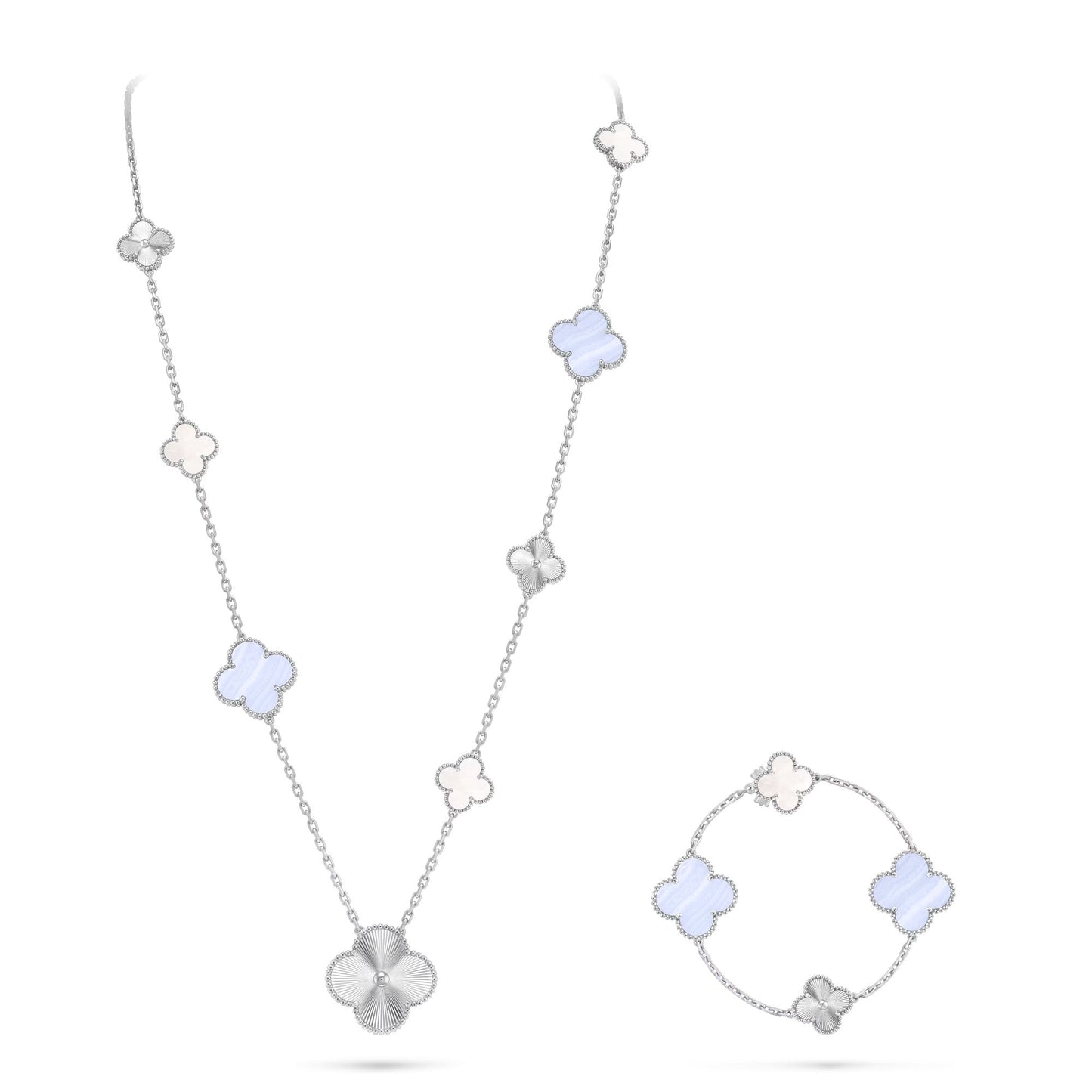 [Am jewelry]DETACHABLE CLOVER 15(11+4) FLOWER SILVER NECKLACE SET