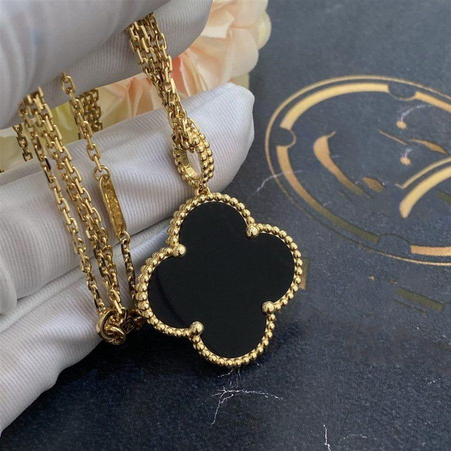 [Am jewelry]CLOVER 25MM GOLD ONYX BIG CLOVER NECKLACE