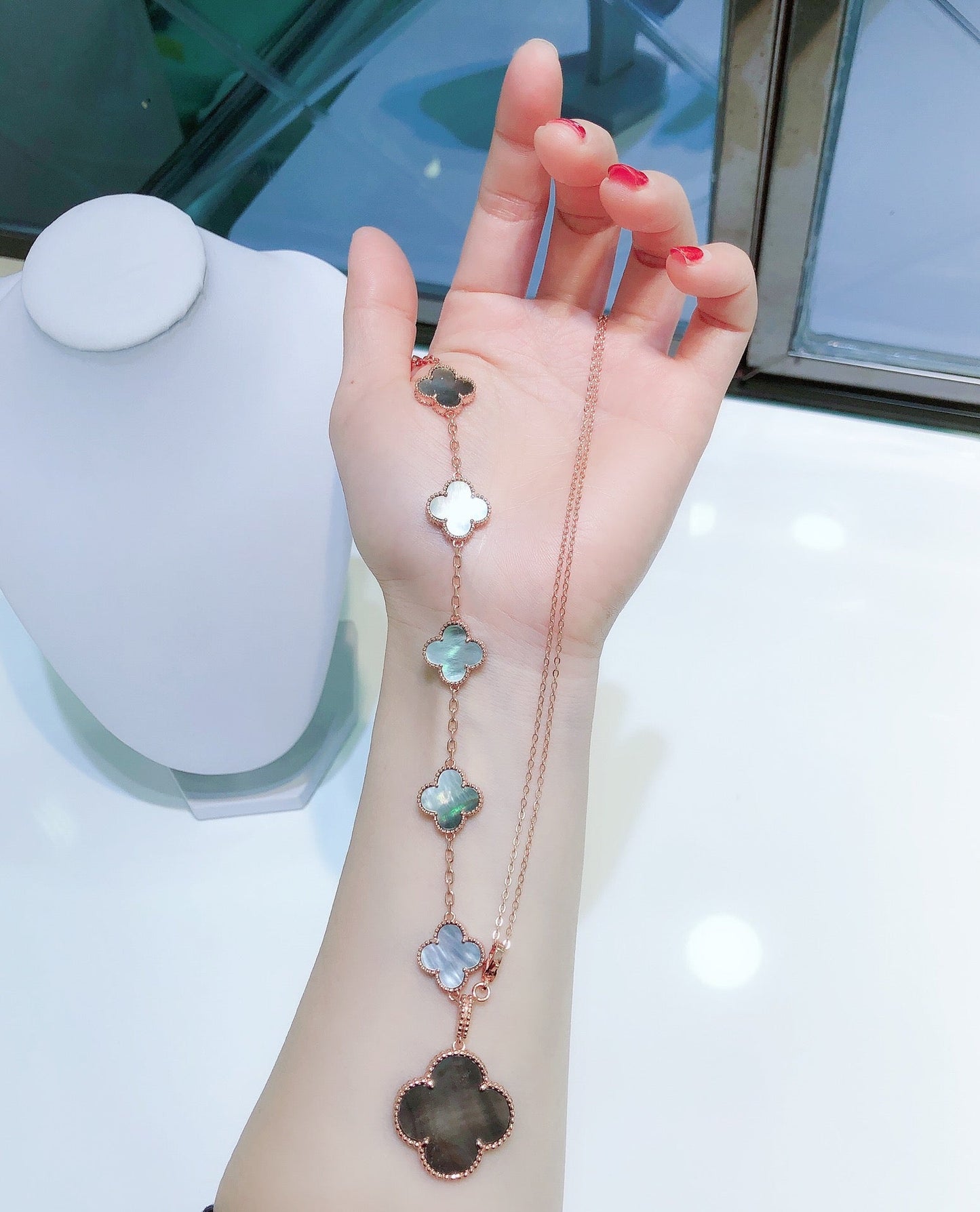 [Am jewelry]COMBINED BRACELET 5 MOTIFS AND NECKLACE DARK MOP ROSE GOLD