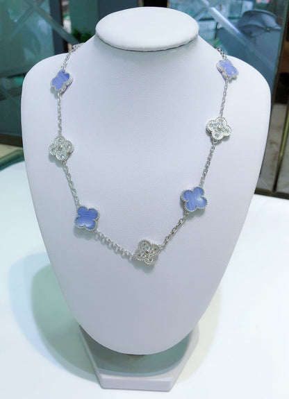 [Am jewelry]CLOVER 10 MOTIFS CHALCEDONY DIAMONDS SILVER NECKLACE