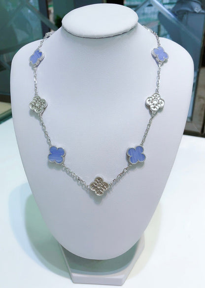 [Am jewelry]CLOVER 10 MOTIFS CHALCEDONY DIAMONDS SILVER NECKLACE