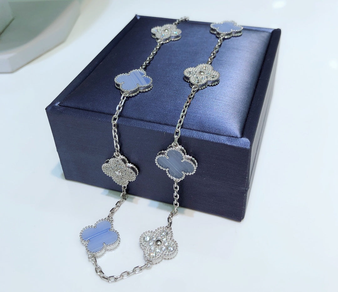 [Am jewelry]CLOVER 10 MOTIFS CHALCEDONY DIAMONDS SILVER NECKLACE