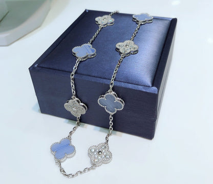 [Am jewelry]CLOVER 10 MOTIFS CHALCEDONY DIAMONDS SILVER NECKLACE