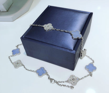 [Am jewelry]CLOVER 10 MOTIFS CHALCEDONY DIAMONDS SILVER NECKLACE