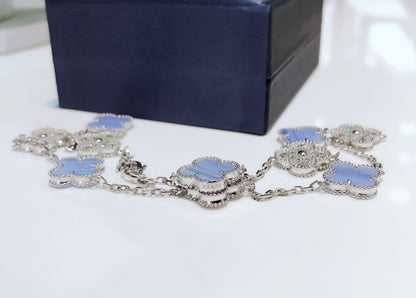 [Am jewelry]CLOVER 10 MOTIFS CHALCEDONY DIAMONDS SILVER NECKLACE