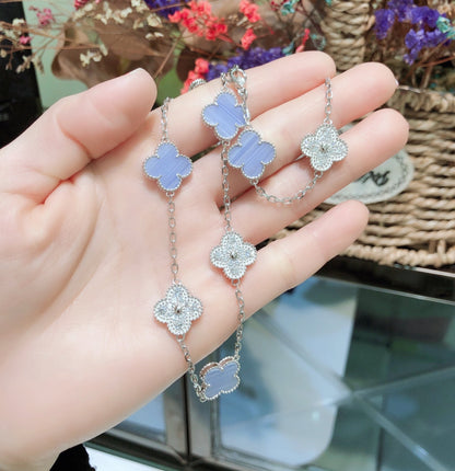 [Am jewelry]CLOVER 10 MOTIFS CHALCEDONY DIAMONDS SILVER NECKLACE
