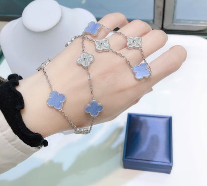 [Am jewelry]CLOVER 10 MOTIFS CHALCEDONY DIAMONDS SILVER NECKLACE